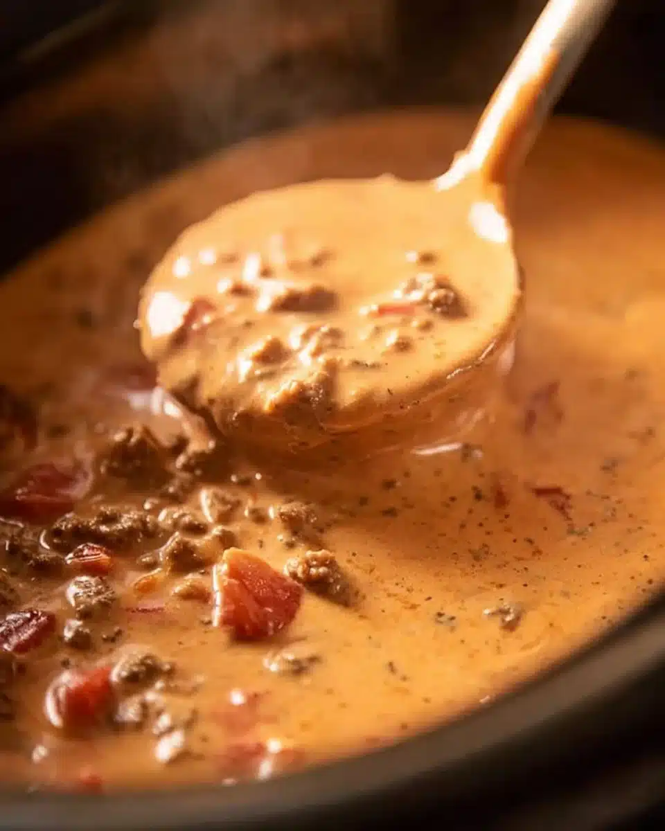 Creamy slow cooker queso dip served in a bowl with tortilla chips