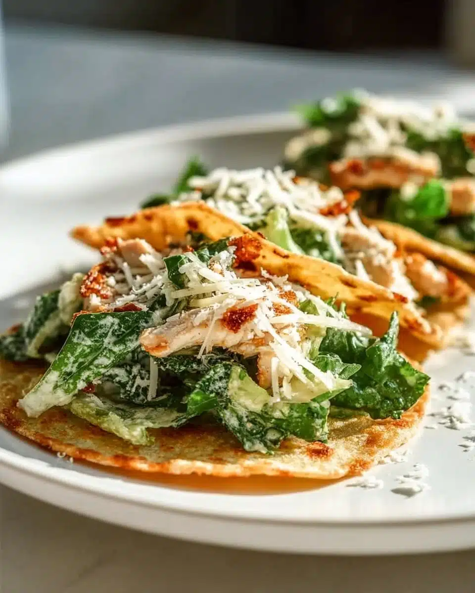 Smash Chicken Caesar Tacos with lettuce, chicken, and Caesar dressing