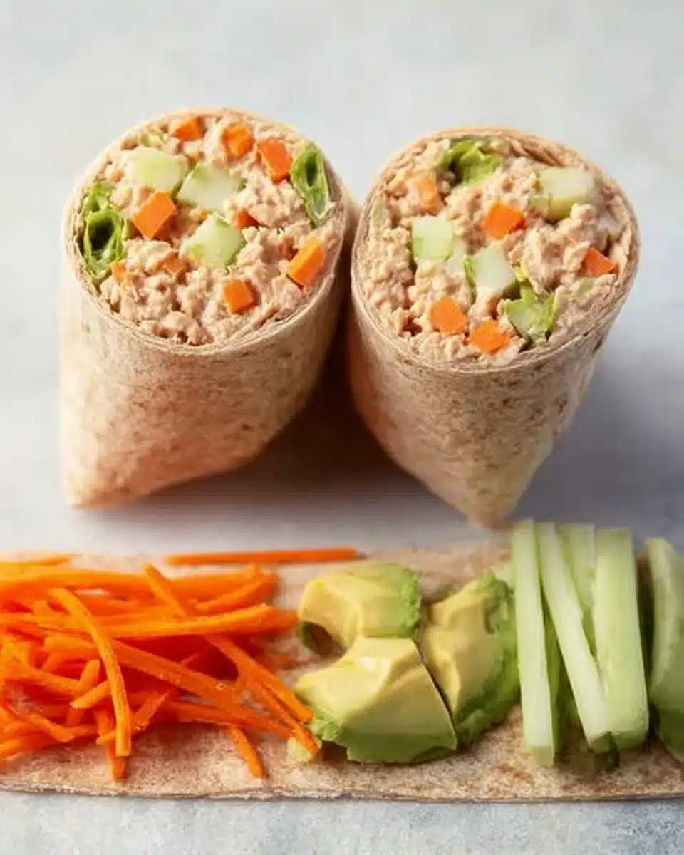 Delicious spicy tuna wraps with fresh vegetables and sauce on a plate
