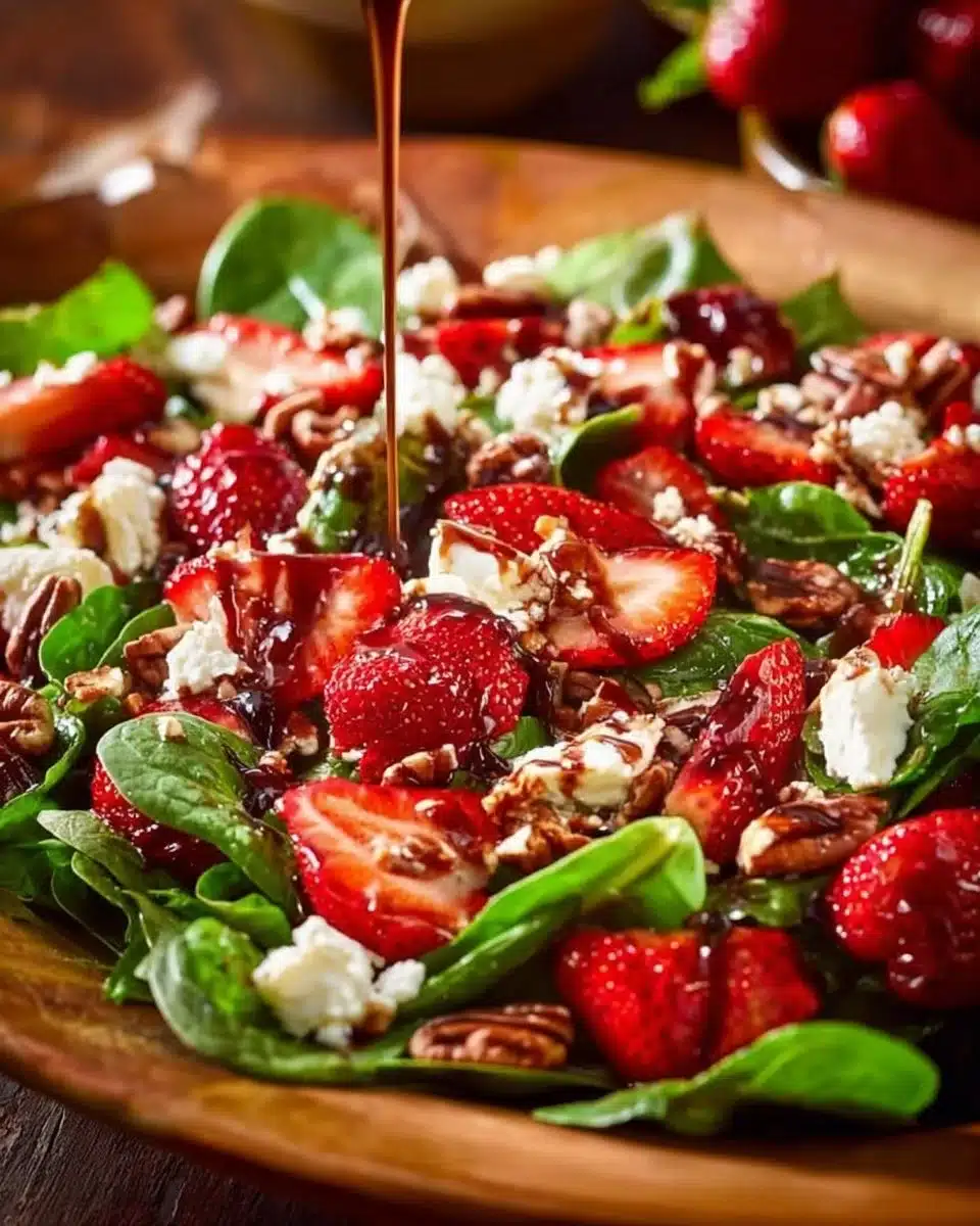 Fresh Spinach Strawberry Salad topped with Pecans and vinaigrette dressing.