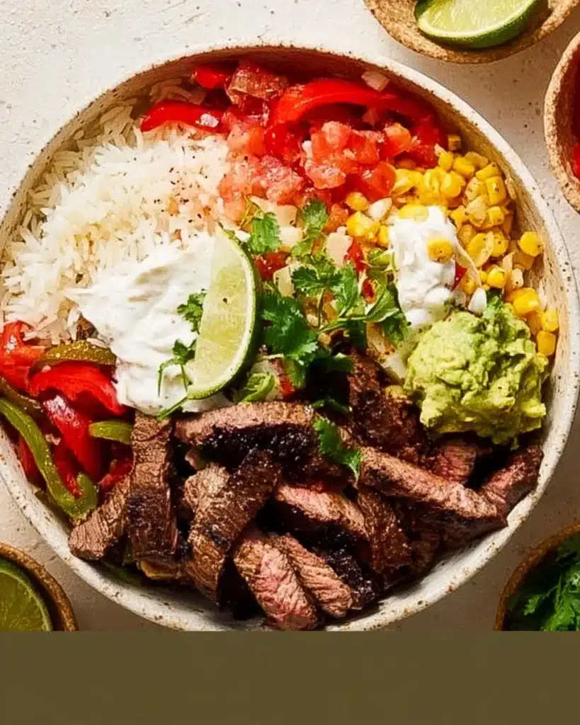 A colorful Steak Fajita Bowl with grilled steak, bell peppers, and toppings
