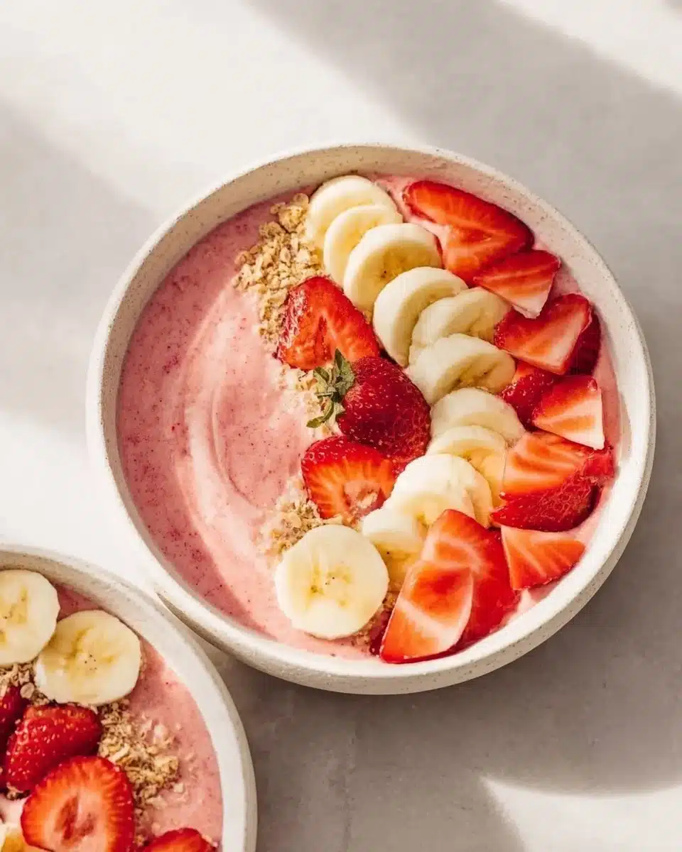 Strawberry banana smoothie bowl topped with fresh fruits and granola