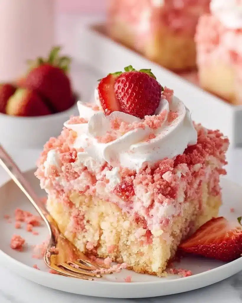 A delicious Strawberry Crunch Poke Cake with vibrant strawberry layers and a crunchy topping.