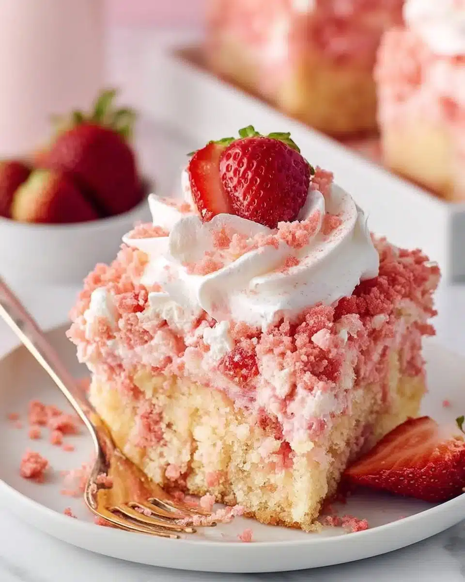 A delicious Strawberry Crunch Poke Cake with vibrant strawberry layers and a crunchy topping.