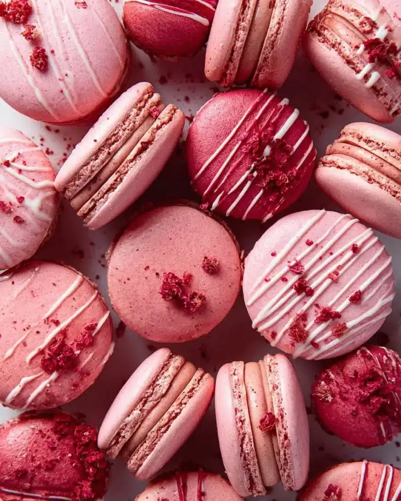 Homemade strawberry macaron shells displayed on a plate