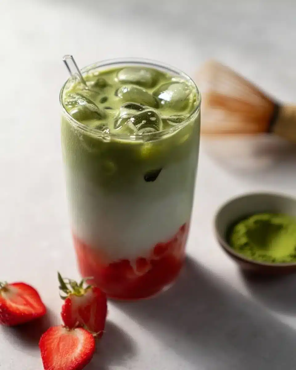 Strawberry Matcha Latte in a glass with fresh strawberries and matcha powder
