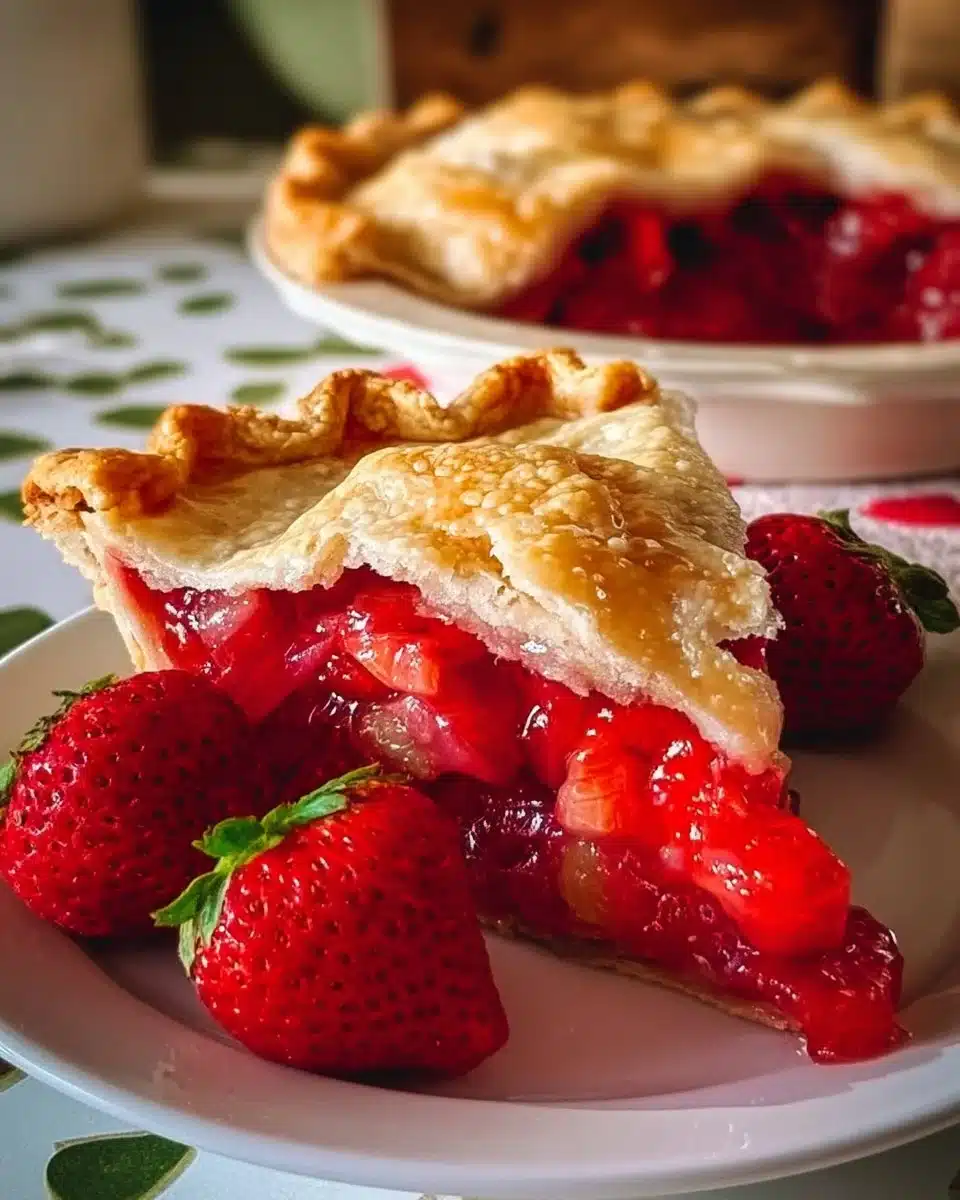 Homemade Strawberry Rhubarb Pie with flaky crust and fresh fruit filling