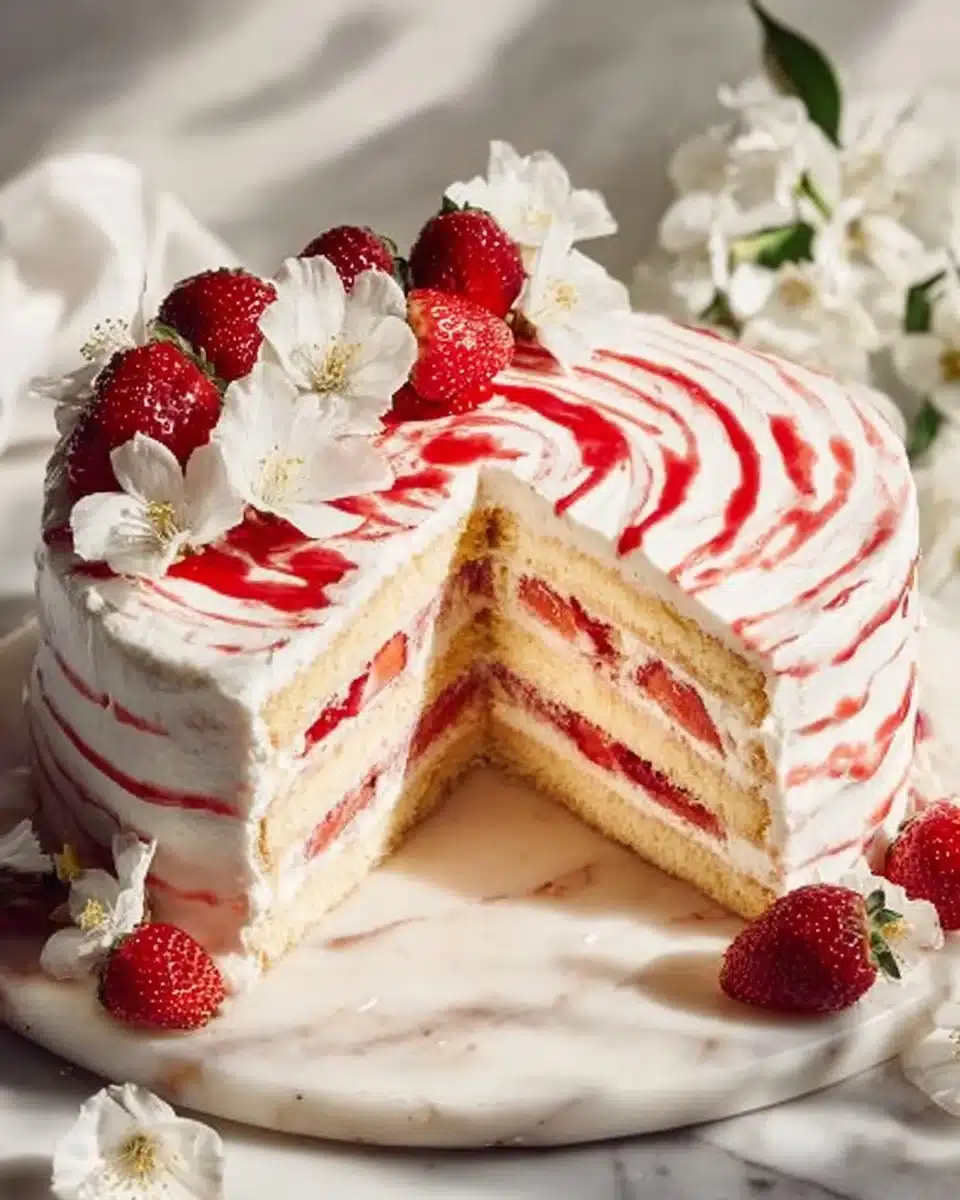 Delicious Strawberry Shortcake Layer Cake with fresh strawberries and whipped cream