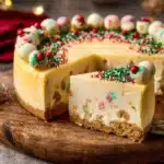 Delicious sugar cookie cheesecake topped with colorful sprinkles and whipped cream