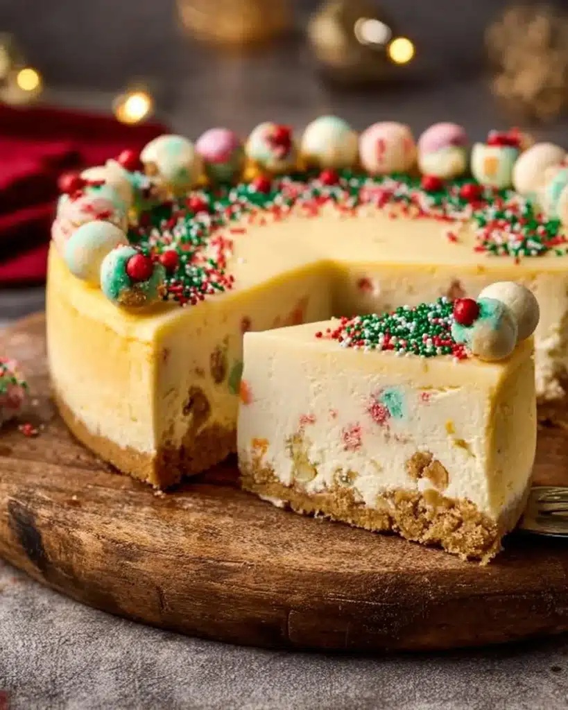 Delicious sugar cookie cheesecake topped with colorful sprinkles and whipped cream