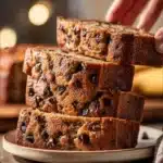 Loaf of super moist chocolate chip banana bread on a wooden cutting board