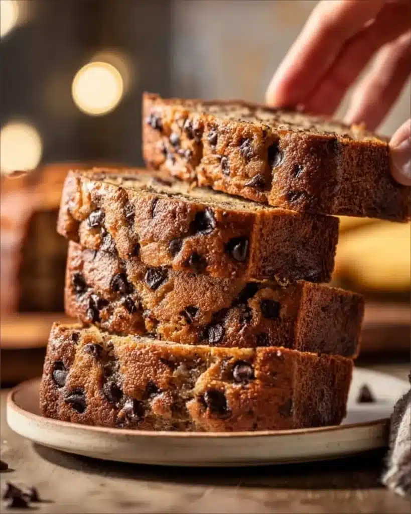 Loaf of super moist chocolate chip banana bread on a wooden cutting board