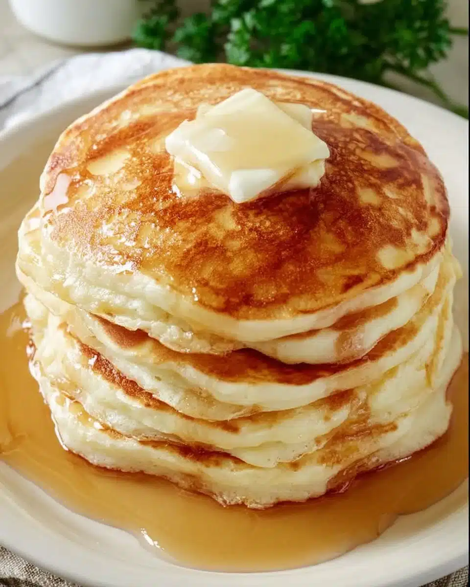 Delicious stack of buttermilk pancakes with syrup and fresh berries