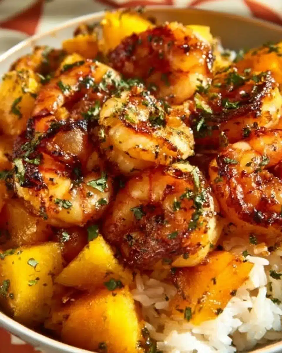 Tropical shrimp rice bowl with fresh vegetables and herbs