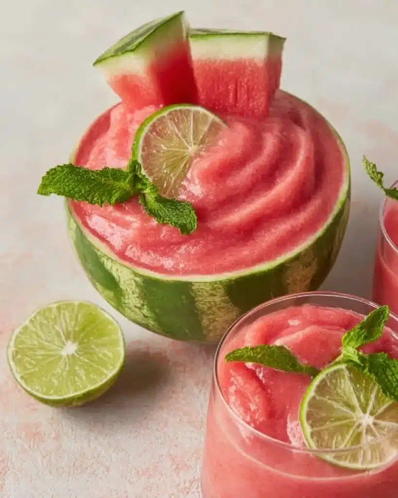 Refreshing watermelon smoothie in a glass garnished with mint leaves