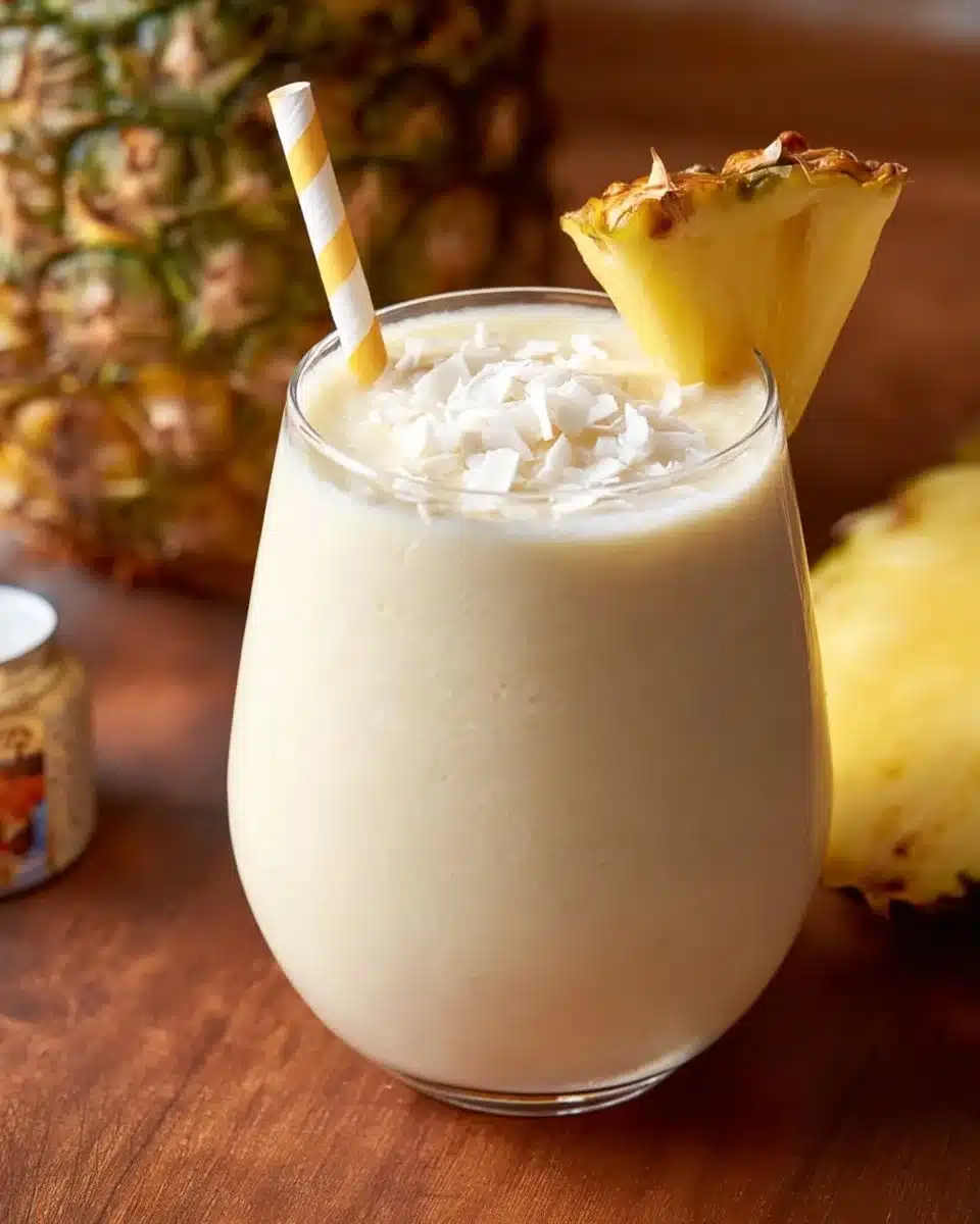 Easy 3-ingredient Piña Colada Smoothie served in a glass with fresh garnishes