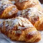 Freshly baked almond croissants with almond filling and slices on top