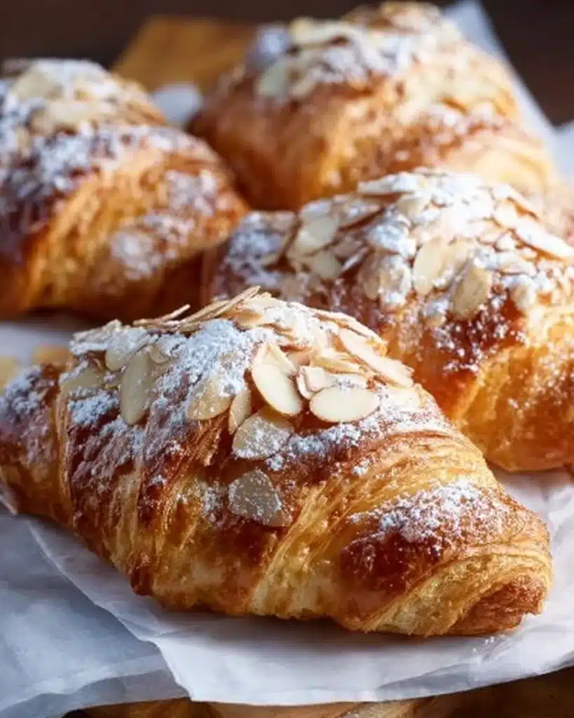 Freshly baked almond croissants with almond filling and slices on top