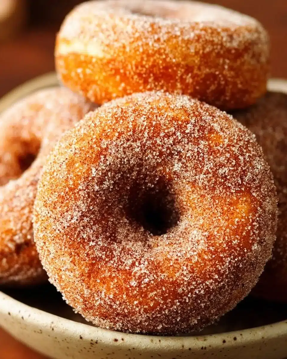 Freshly baked apple cider donuts dusted with cinnamon sugar
