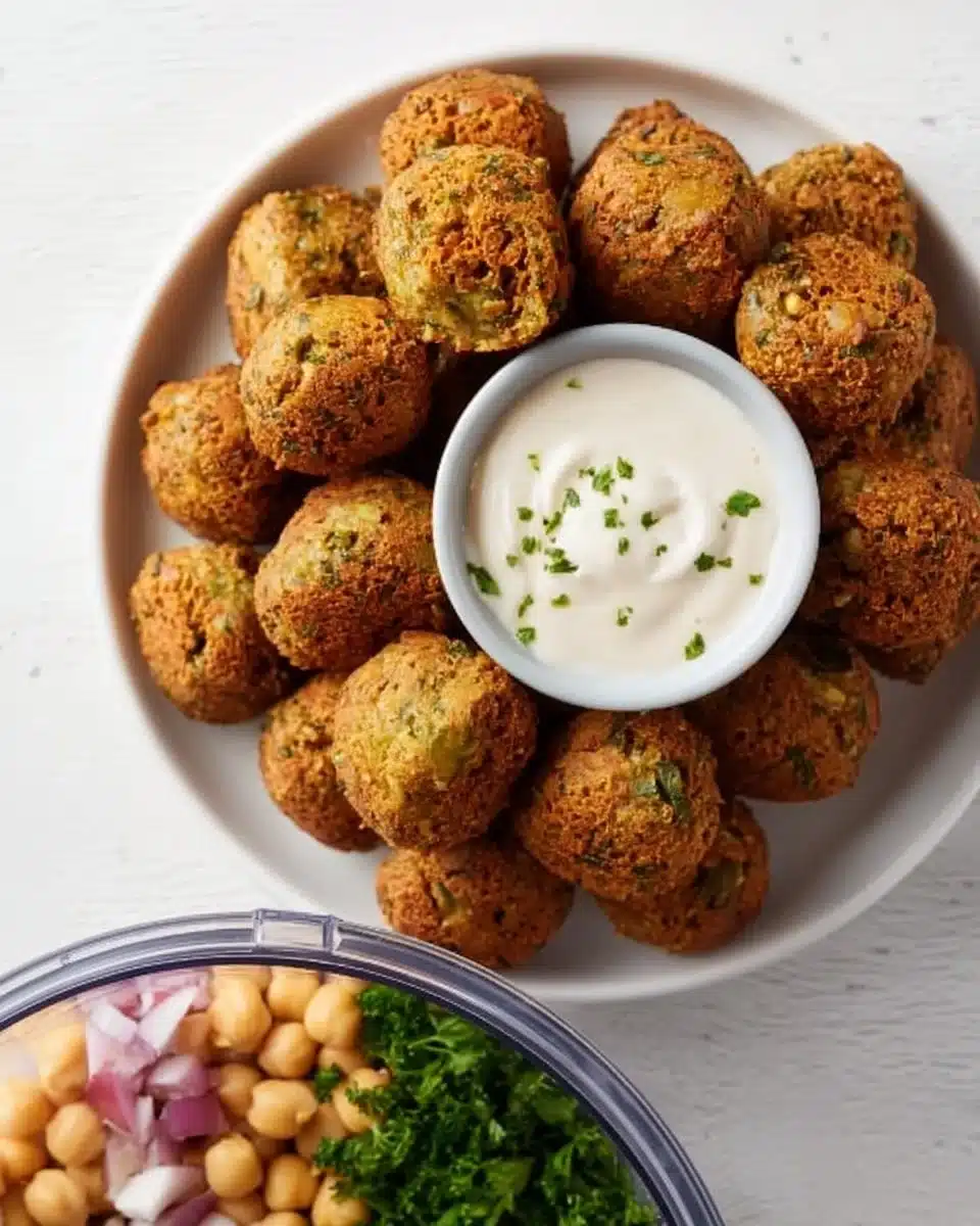 Plate of authentic homemade falafel served with tahini sauce and fresh vegetables