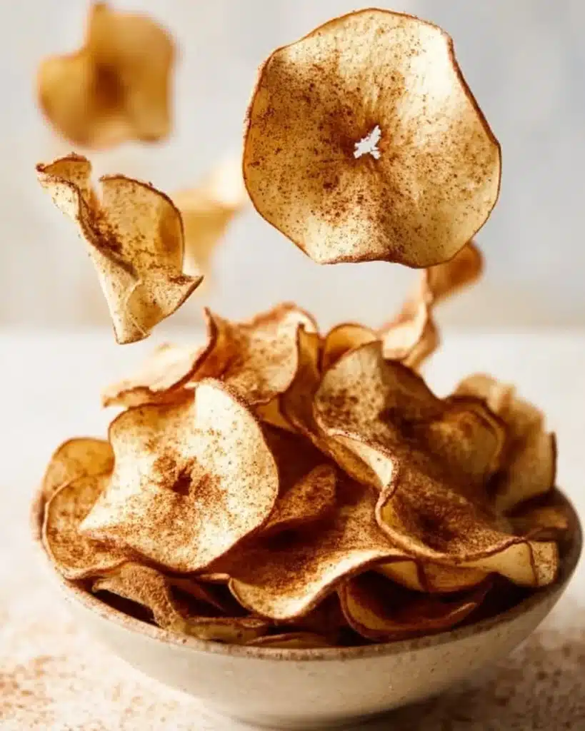 Crispy baked apple chips served in a bowl, a healthy snack option.