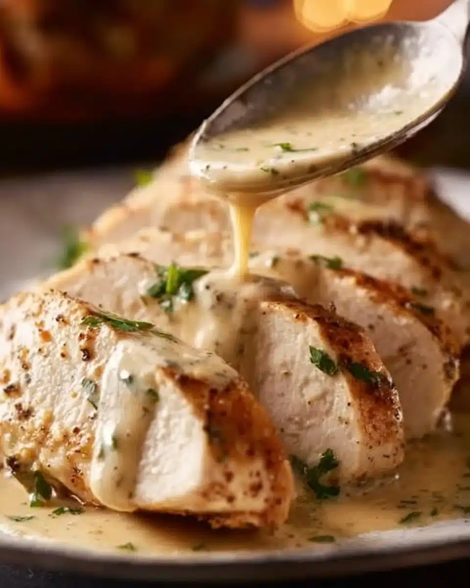 Deliciously baked Caesar Chicken garnished with Caesar dressing and herbs.