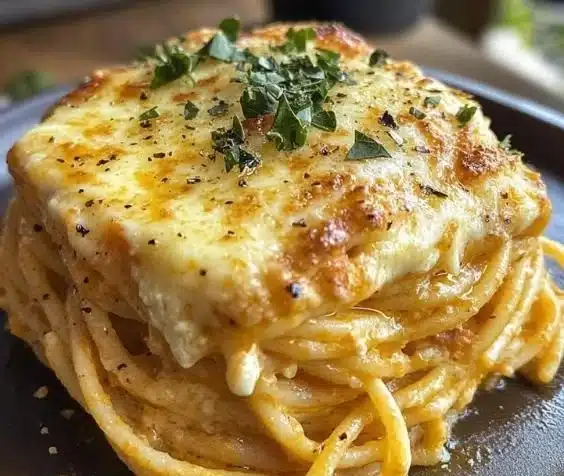 Baked cream cheese spaghetti casserole topped with melted cheese and herbs