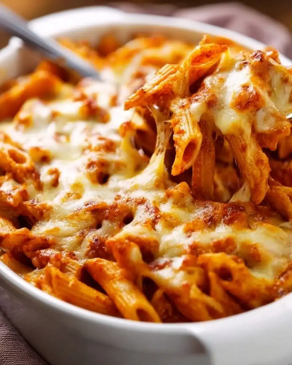 Delicious baked penne pasta topped with cheese and herbs in a serving dish.