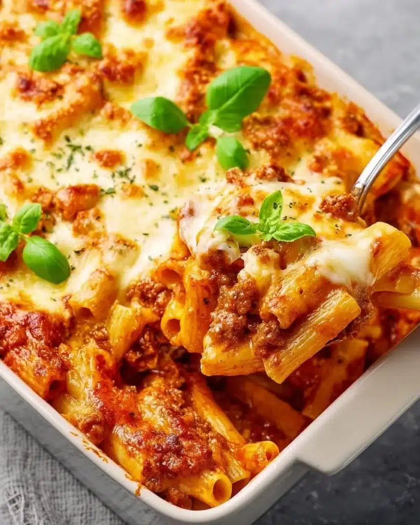 A delicious serving of baked ziti topped with melted cheese and fresh herbs.