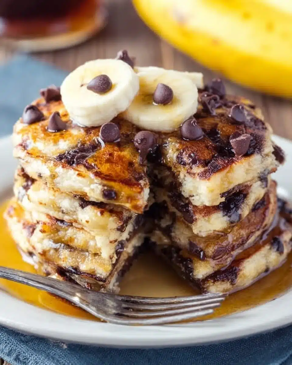 Delicious banana chocolate chip pancakes stacked on a plate with syrup and bananas