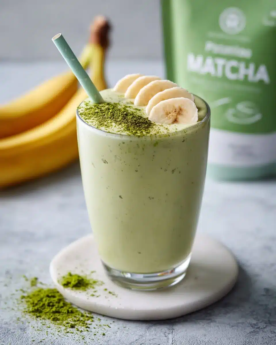 Banana Matcha Smoothie in a glass topped with banana slices and matcha powder