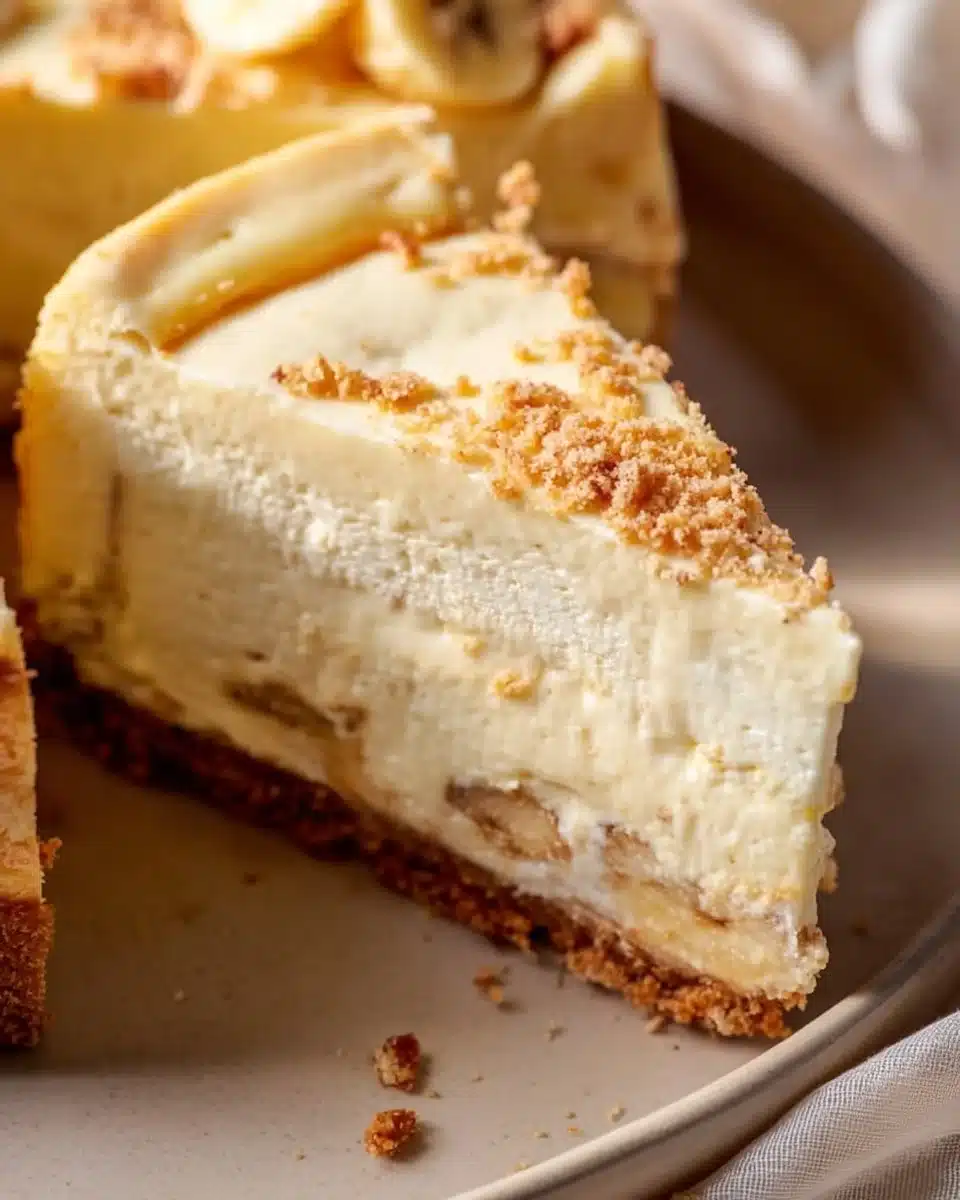 Delicious banana pudding cheesecake with a graham cracker crust and banana slices on top.