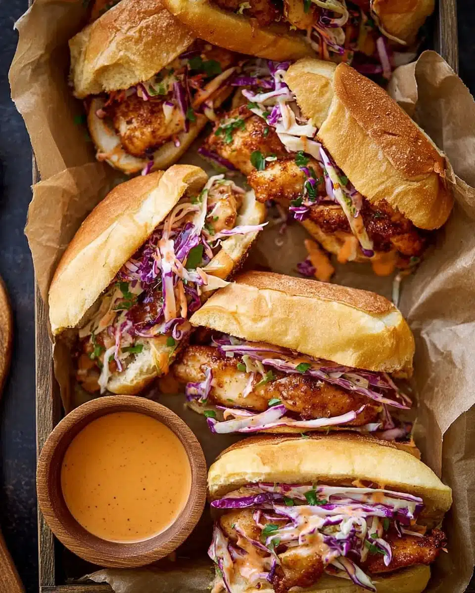 Bang Bang Chicken Sandwich served with spicy sauce and fresh toppings