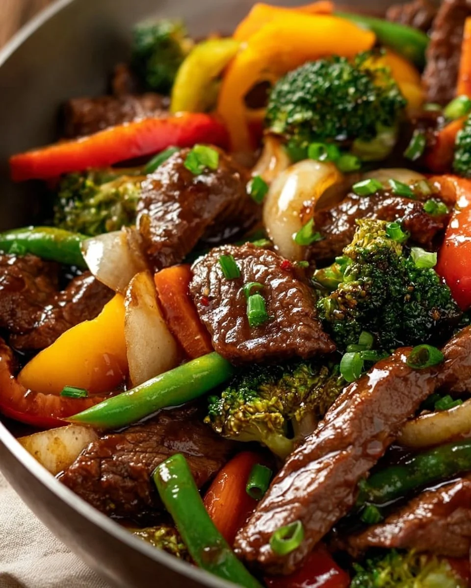 Bowl of beef stir fry with colorful vegetables