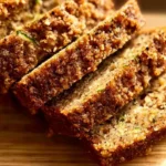 Deliciously baked zucchini bread loaf with sliced pieces on a wooden cutting board.