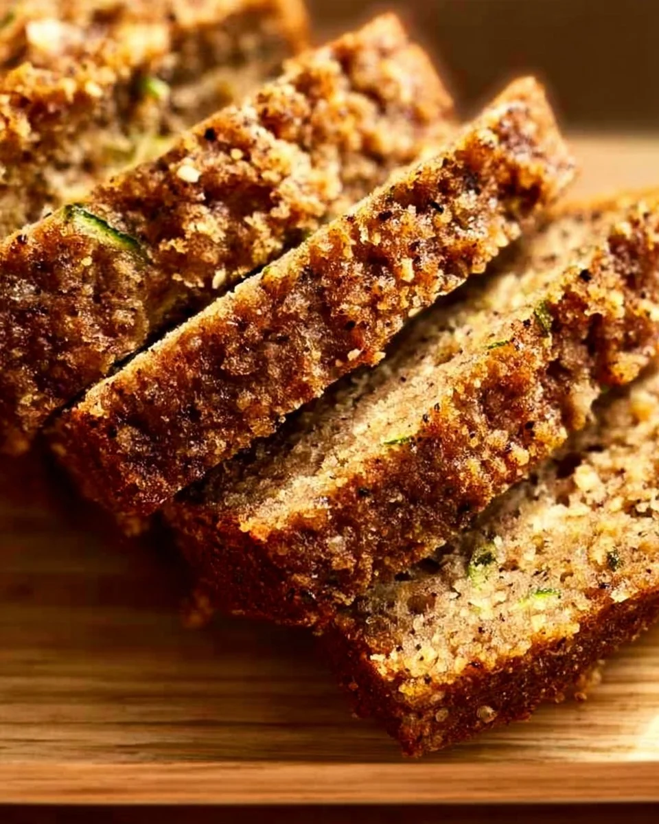 Deliciously baked zucchini bread loaf with sliced pieces on a wooden cutting board.