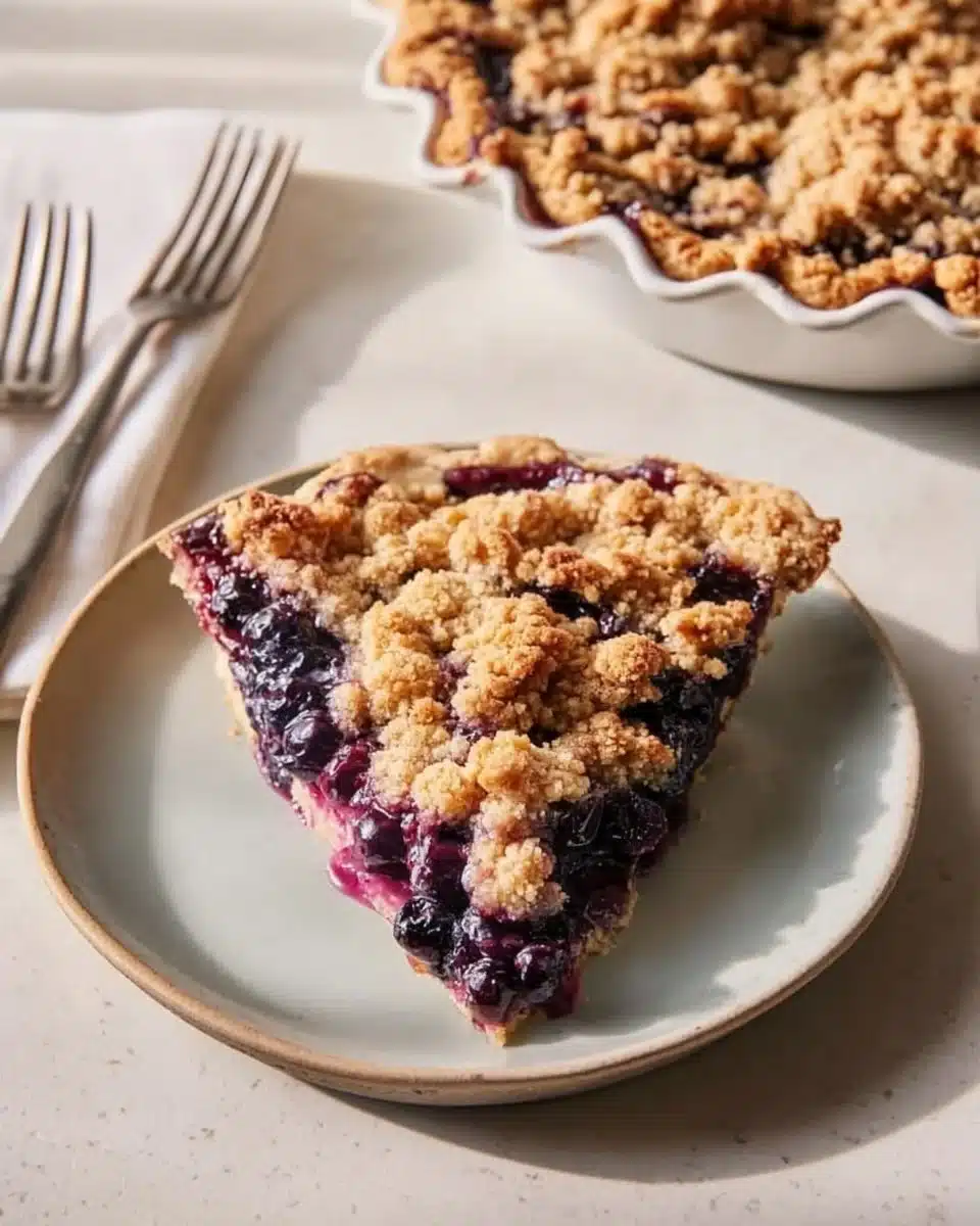 Delicious blueberry crumble pie with a golden crust and fresh blueberries on top