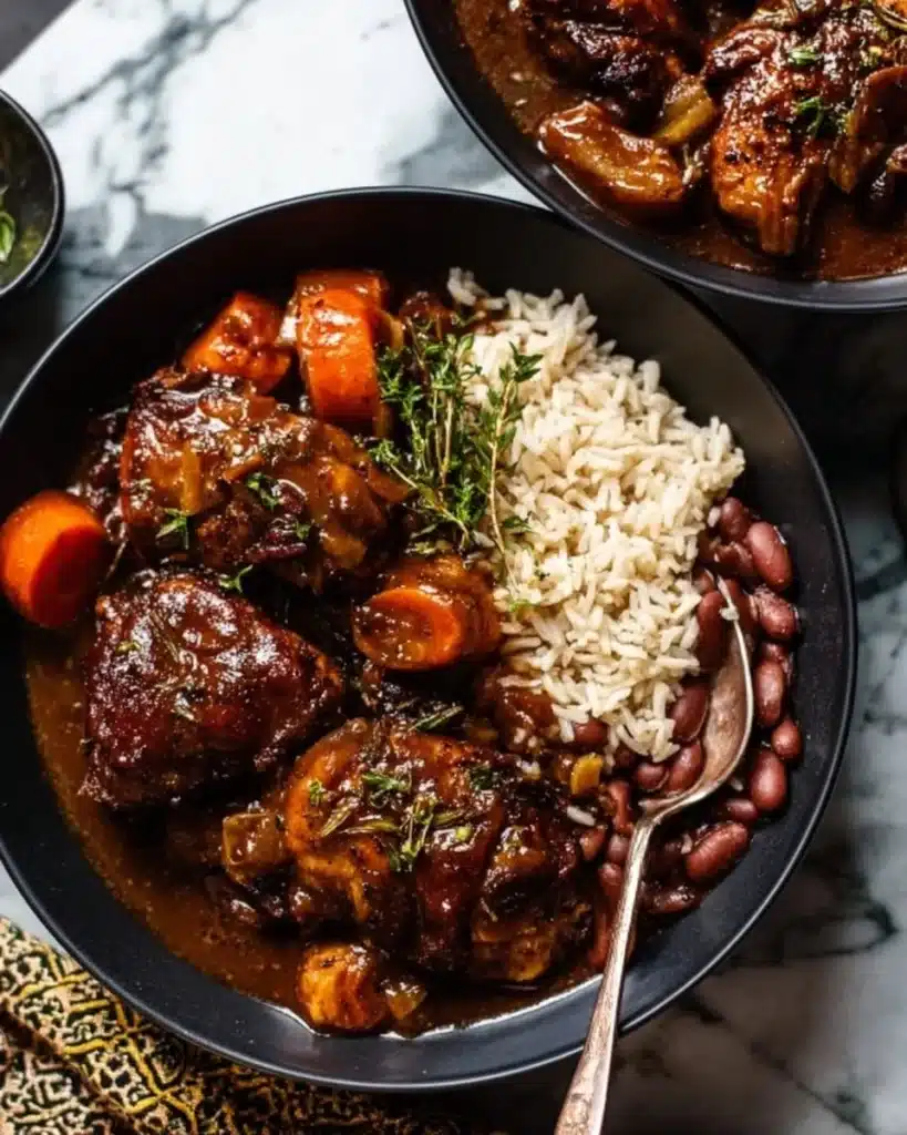 Delicious homemade Brown Stew Chicken served with rice and vegetables
