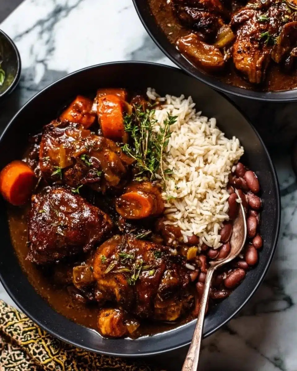 Delicious homemade Brown Stew Chicken served with rice and vegetables