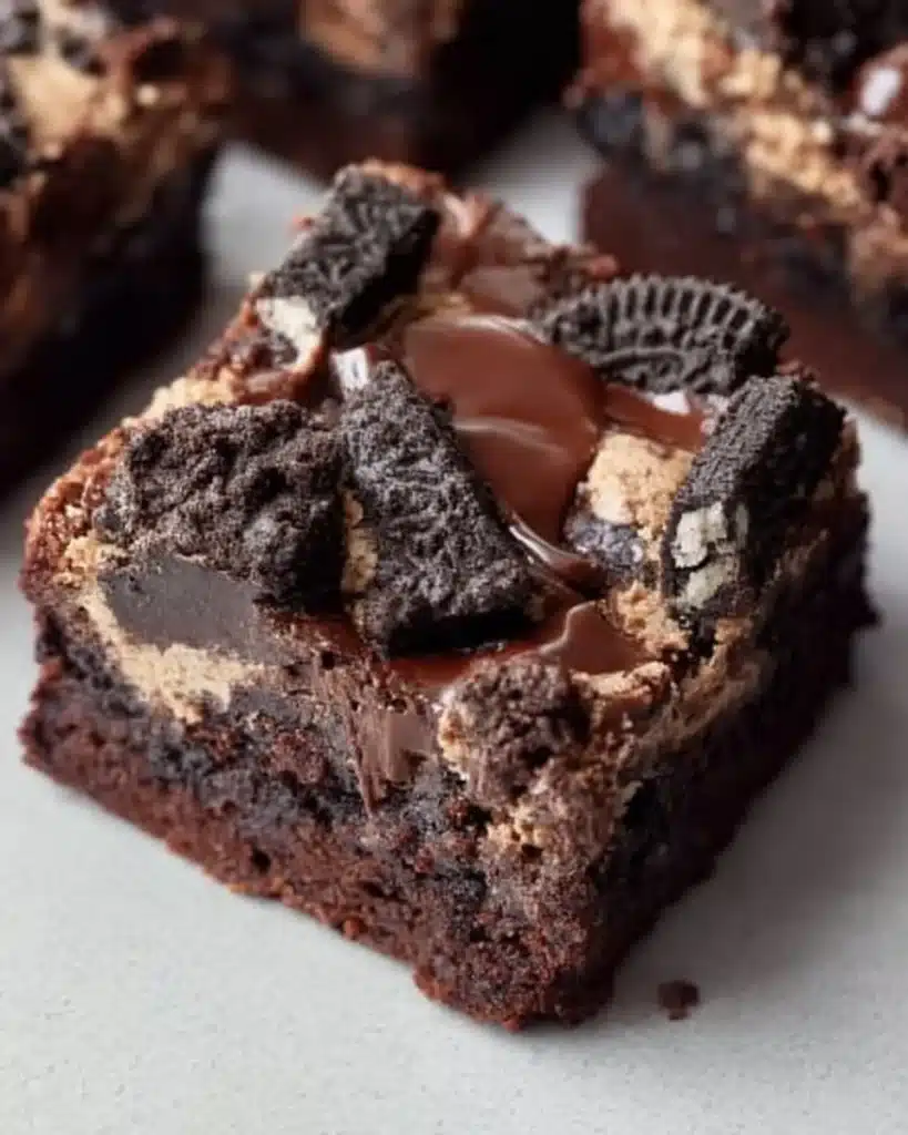 Decadent brownie cheesecake bars topped with a chocolate drizzle