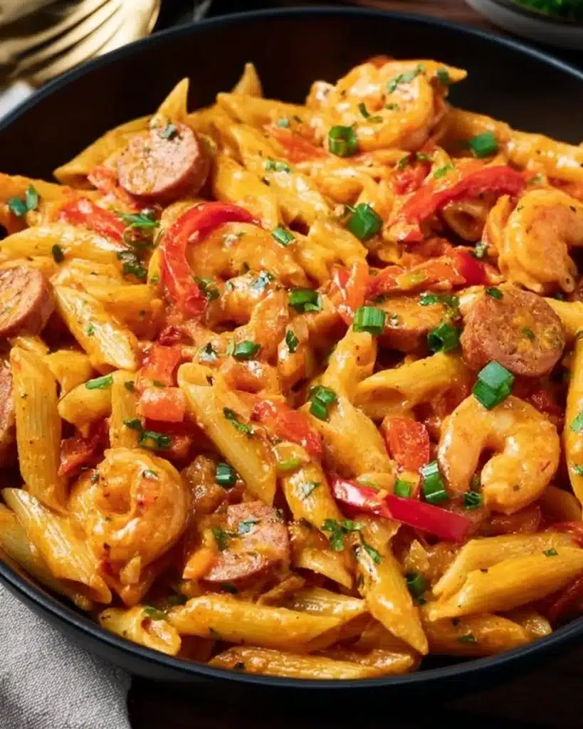 Cajun shrimp and sausage pasta served in a bowl with fresh herbs