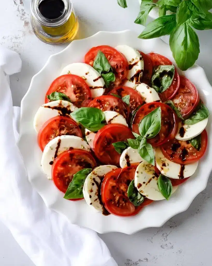 Caprese Salad with fresh mozzarella, tomatoes, basil, and a drizzle of balsamic reduction.
