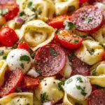 Cheese tortellini pasta salad with fresh vegetables and dressing