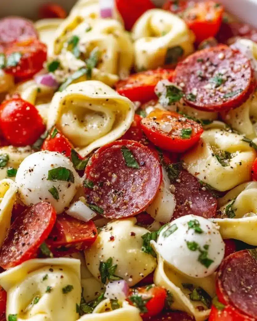 Cheese tortellini pasta salad with fresh vegetables and dressing