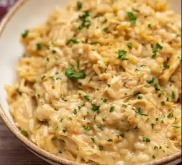 Delicious chicken rice casserole served in a baking dish