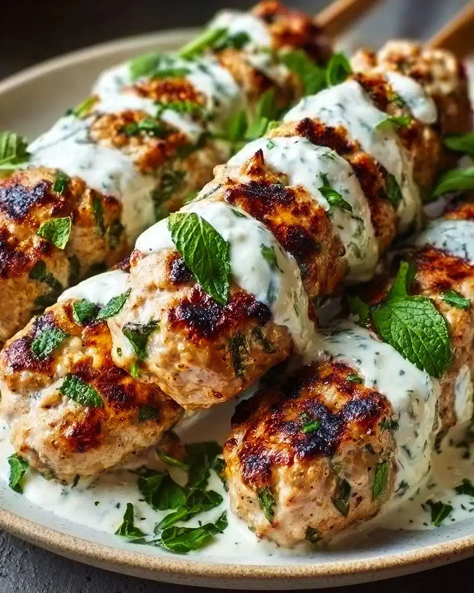 Chicken Kofta kebabs served with creamy garlic yogurt sauce