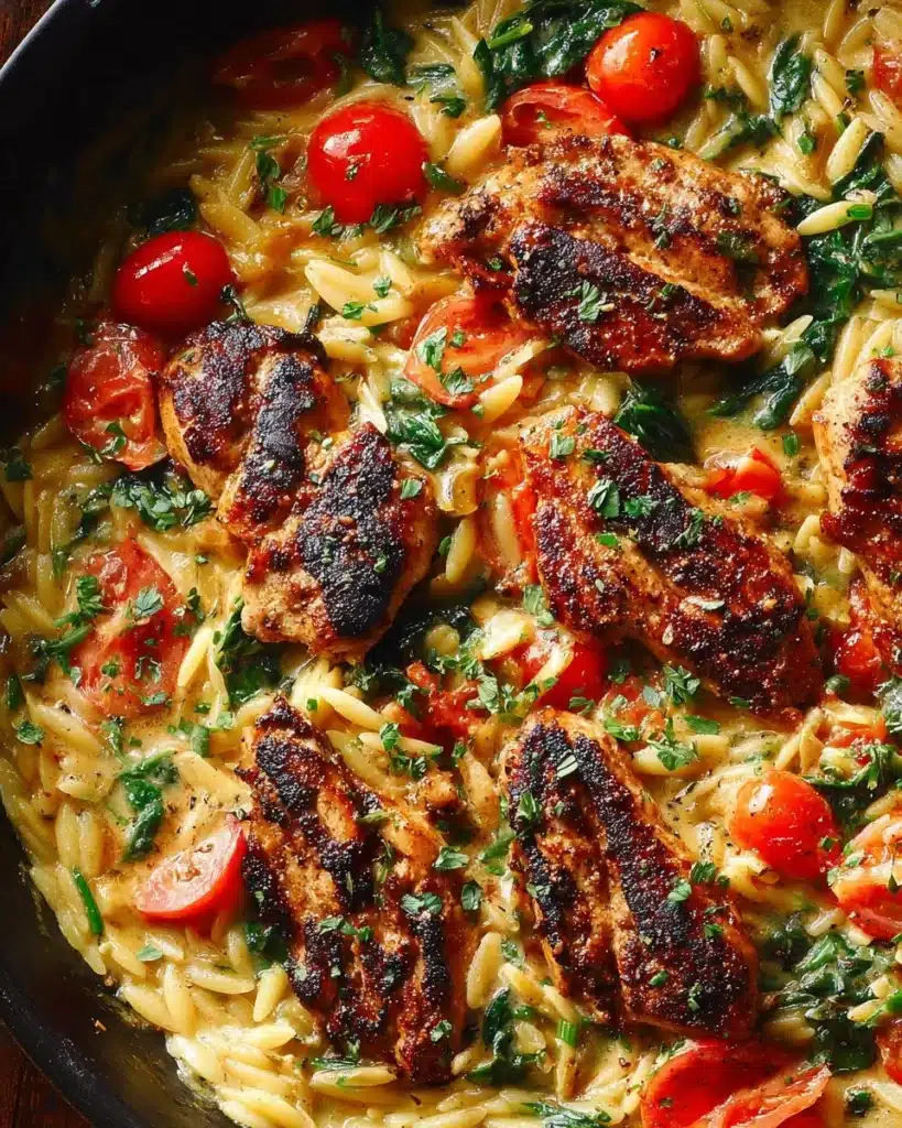 Delicious chicken orzo with spinach, cherry tomatoes, and basil pesto.