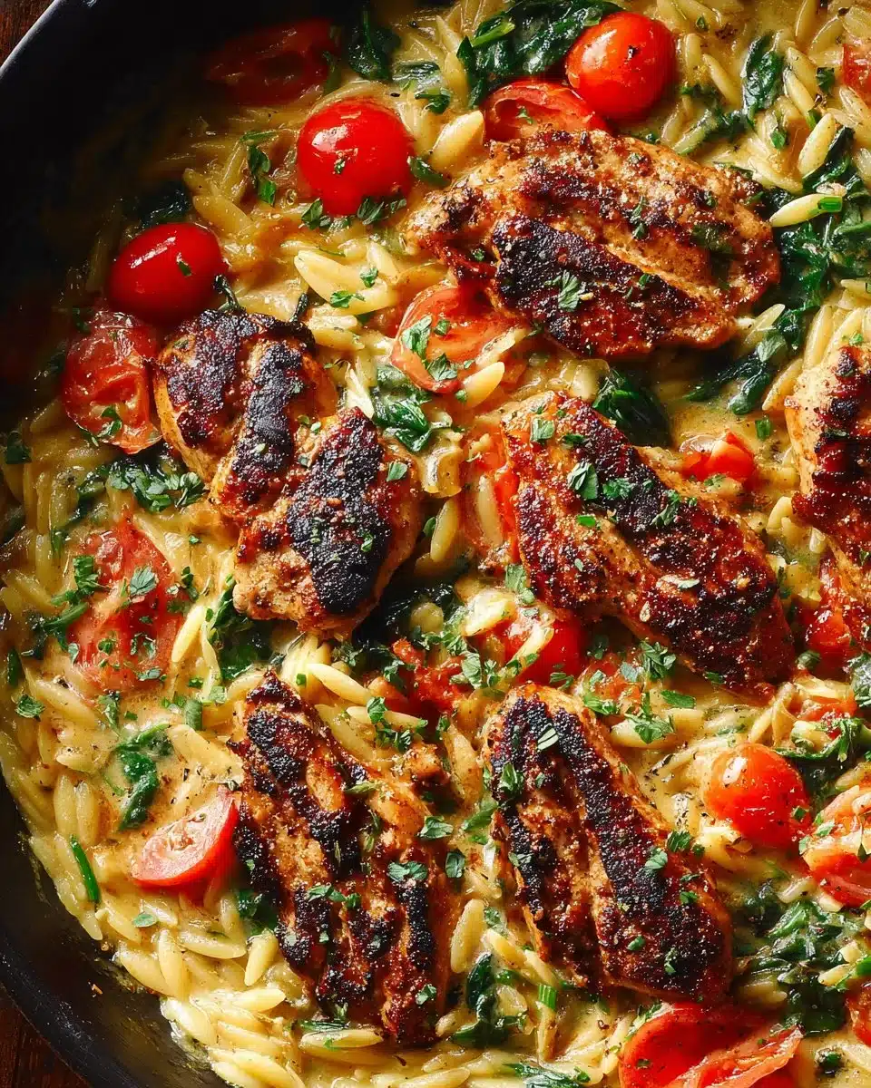 Delicious chicken orzo with spinach, cherry tomatoes, and basil pesto.