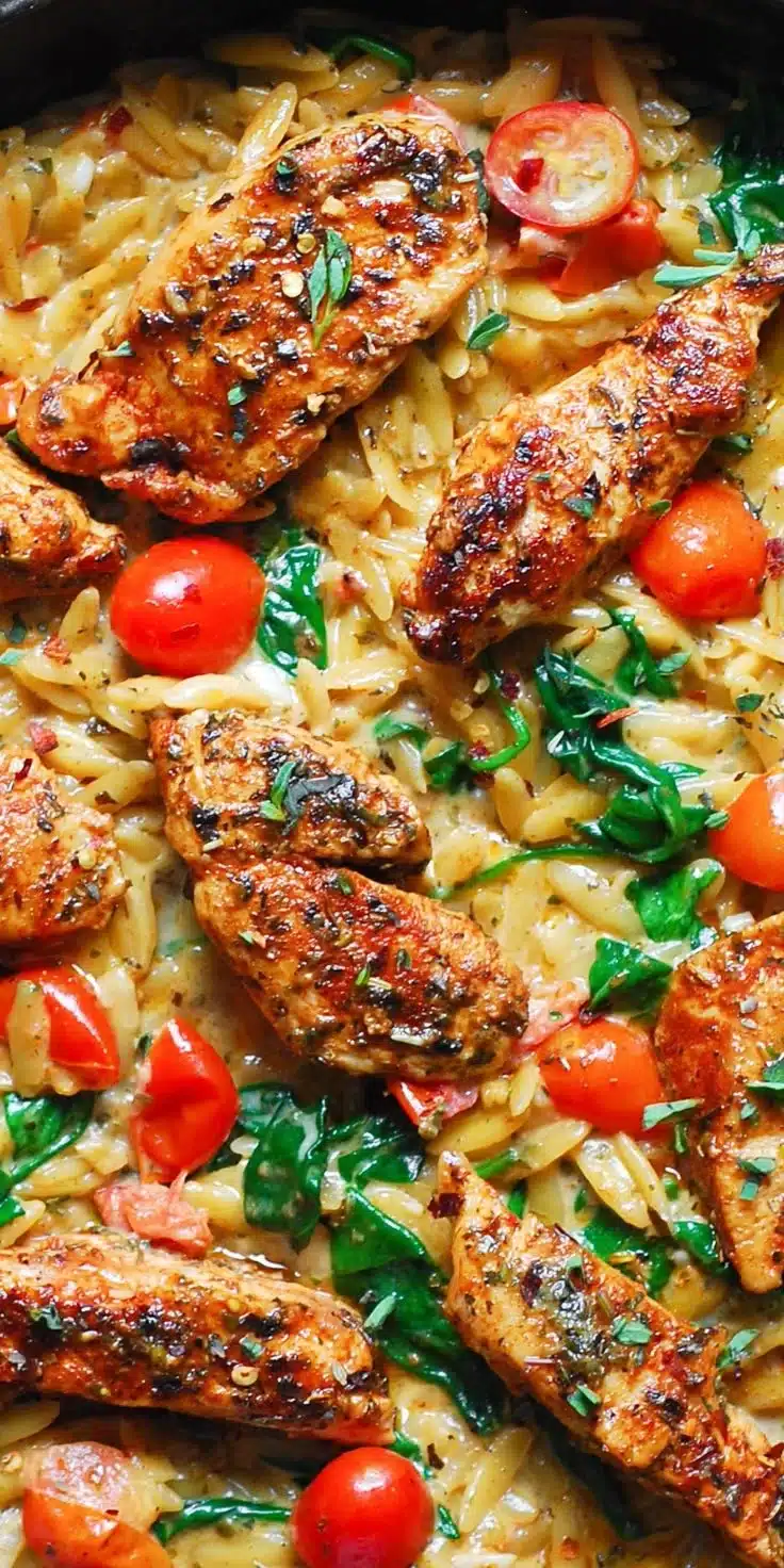 Chicken Orzo with Spinach, Cherry Tomatoes, and Basil Pesto
