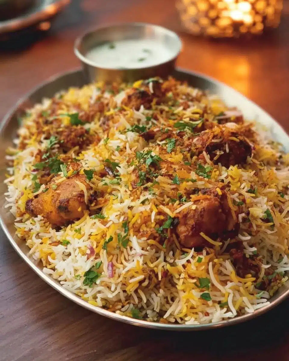 Delicious Chicken Tikka Biryani served in a bowl with herbs and spices